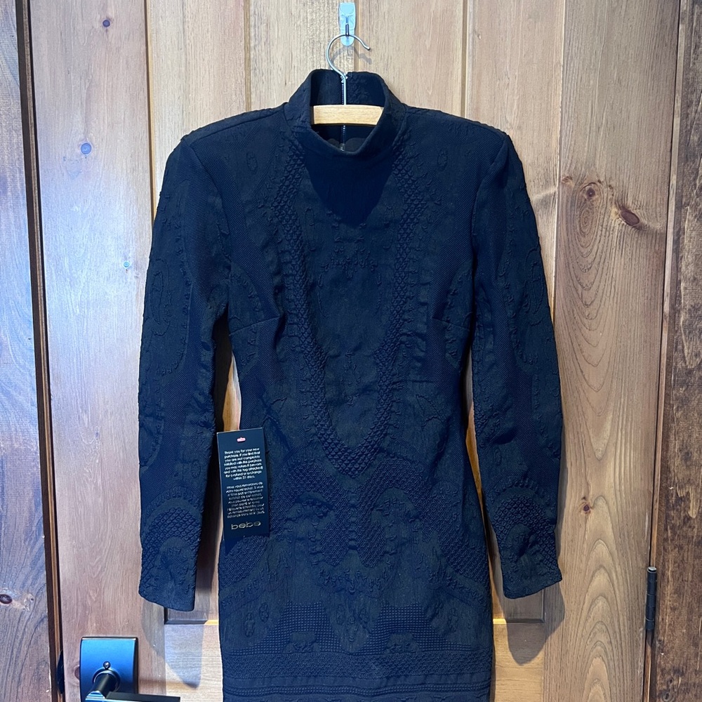 Bebe Alana Black Jacquard Mock Neck Dress